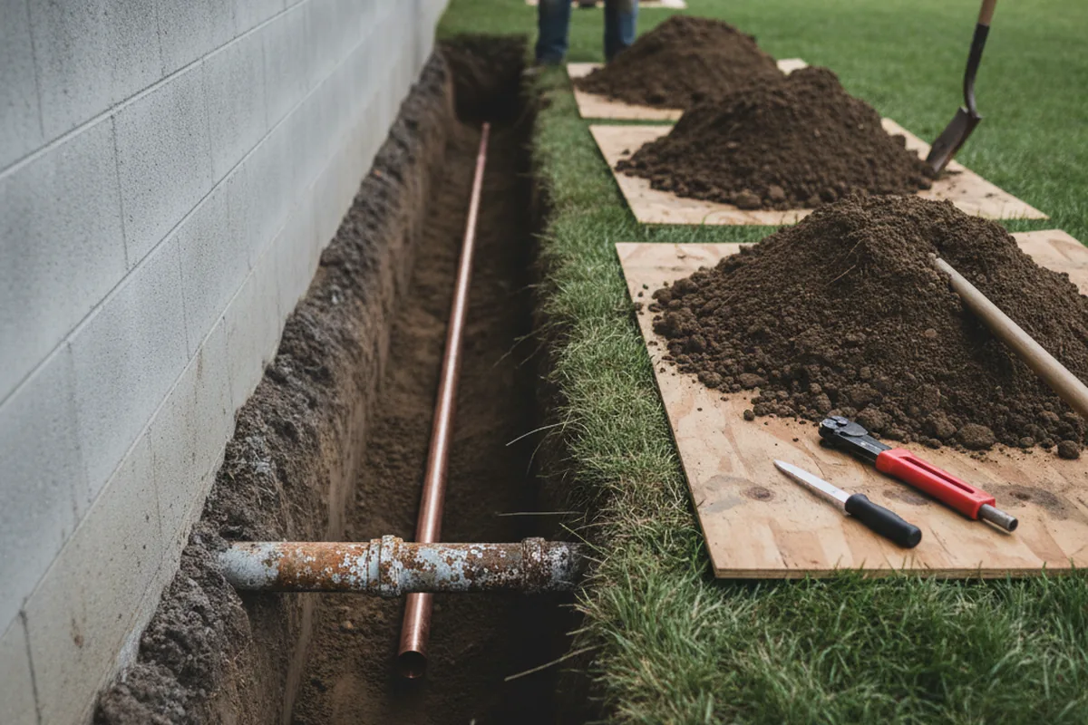 Excavated water line trench during Sewer Line Repair in Pine Plains